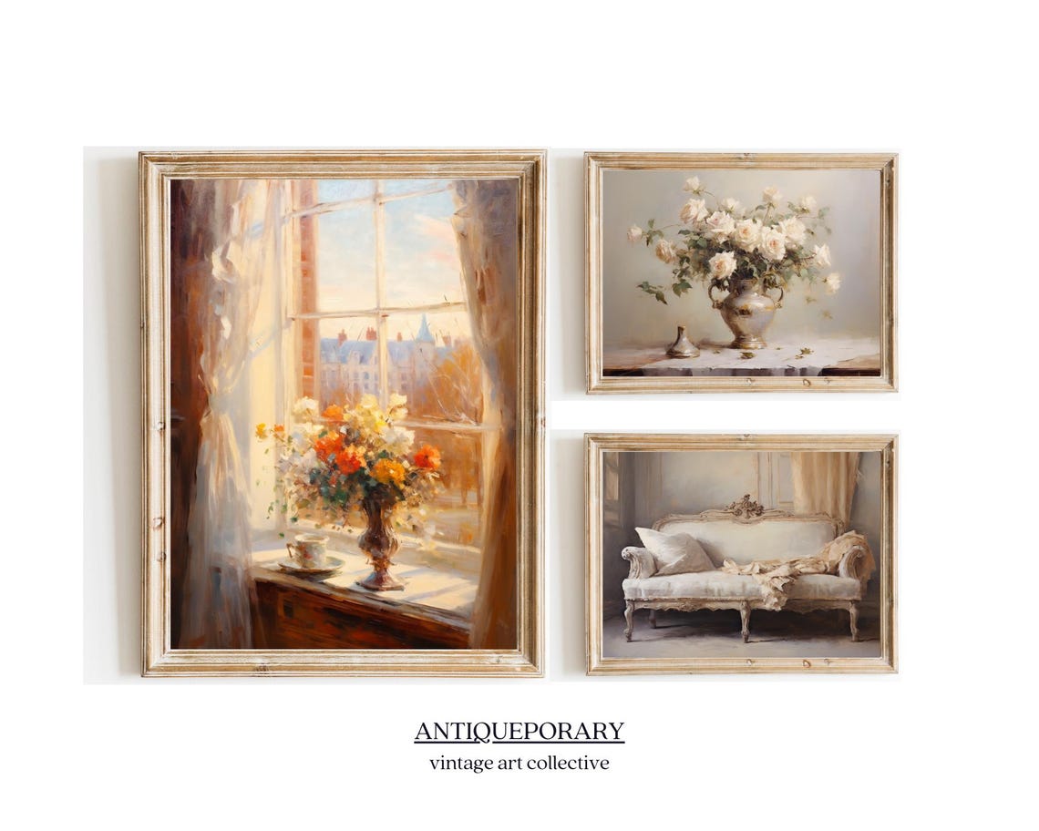 Vintage Floral Still Life Duo with White Roses and Window Blooms Print - Image 4