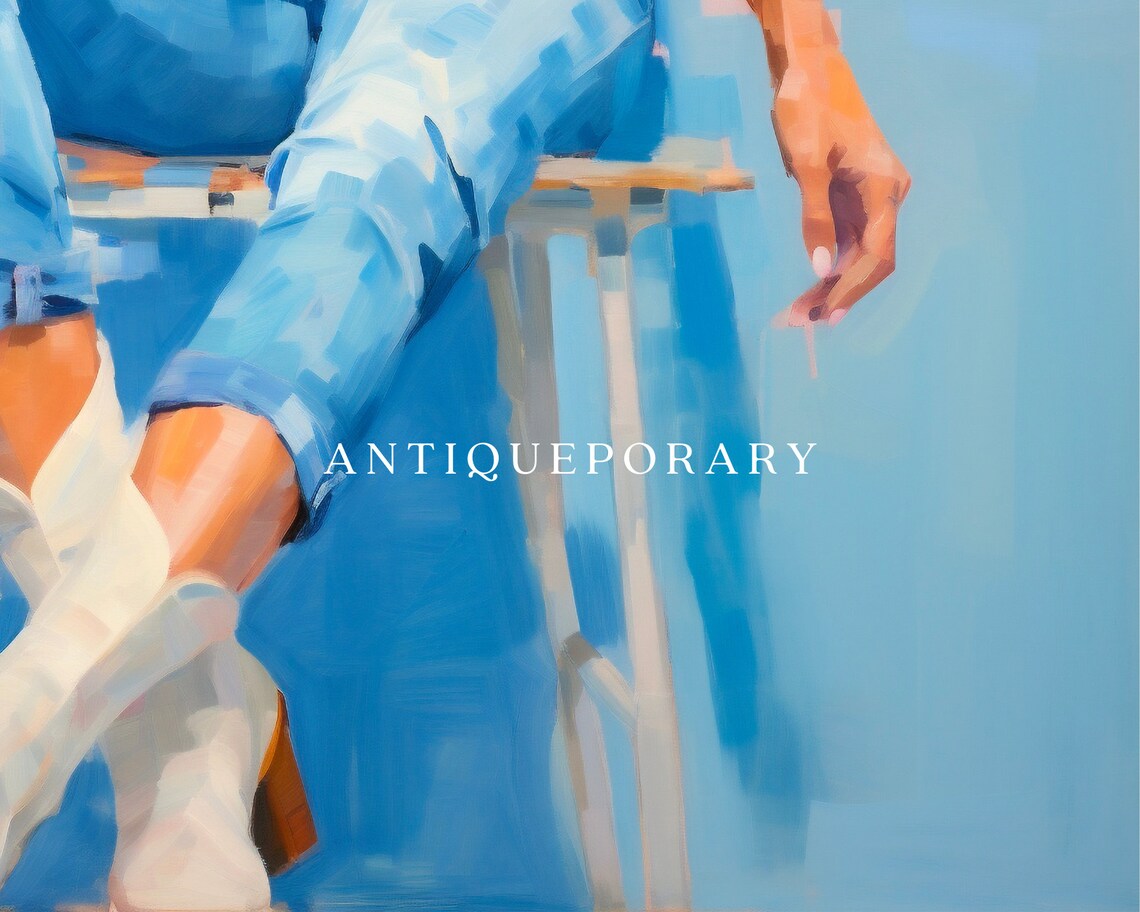 Woman in Blue Jeans and White Cowboy Boots Seated Modern Painting Poster - Image 2