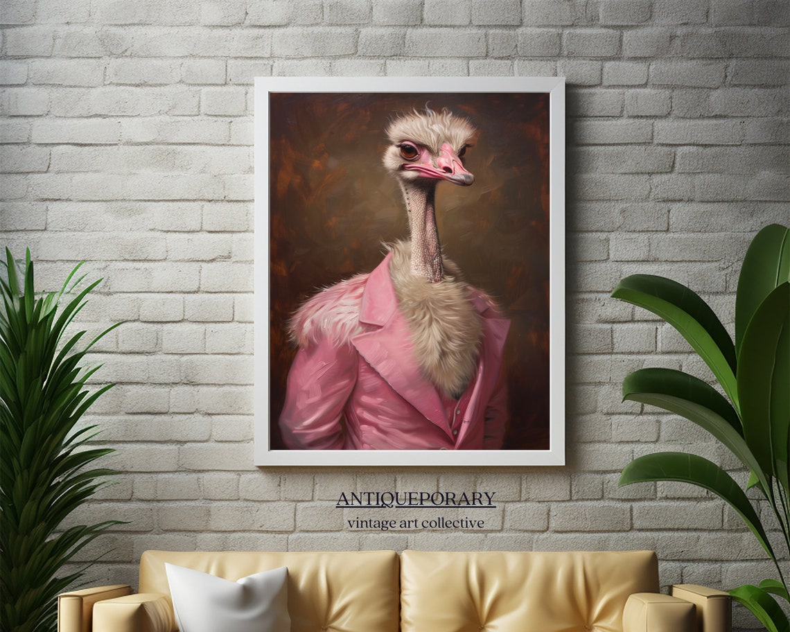 Charming Lady Ostrich in Pink Blazer Vintage Portrait Wall Art - Image 2