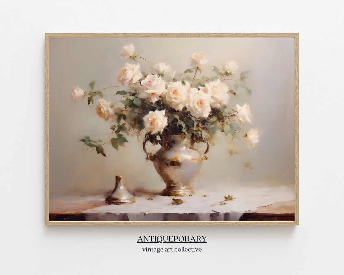 Neutral Flowers Vase Still Life Oil Painting Vintage Still Life Wall Art Antique Flowers Oil Painting Floral Botanical Print