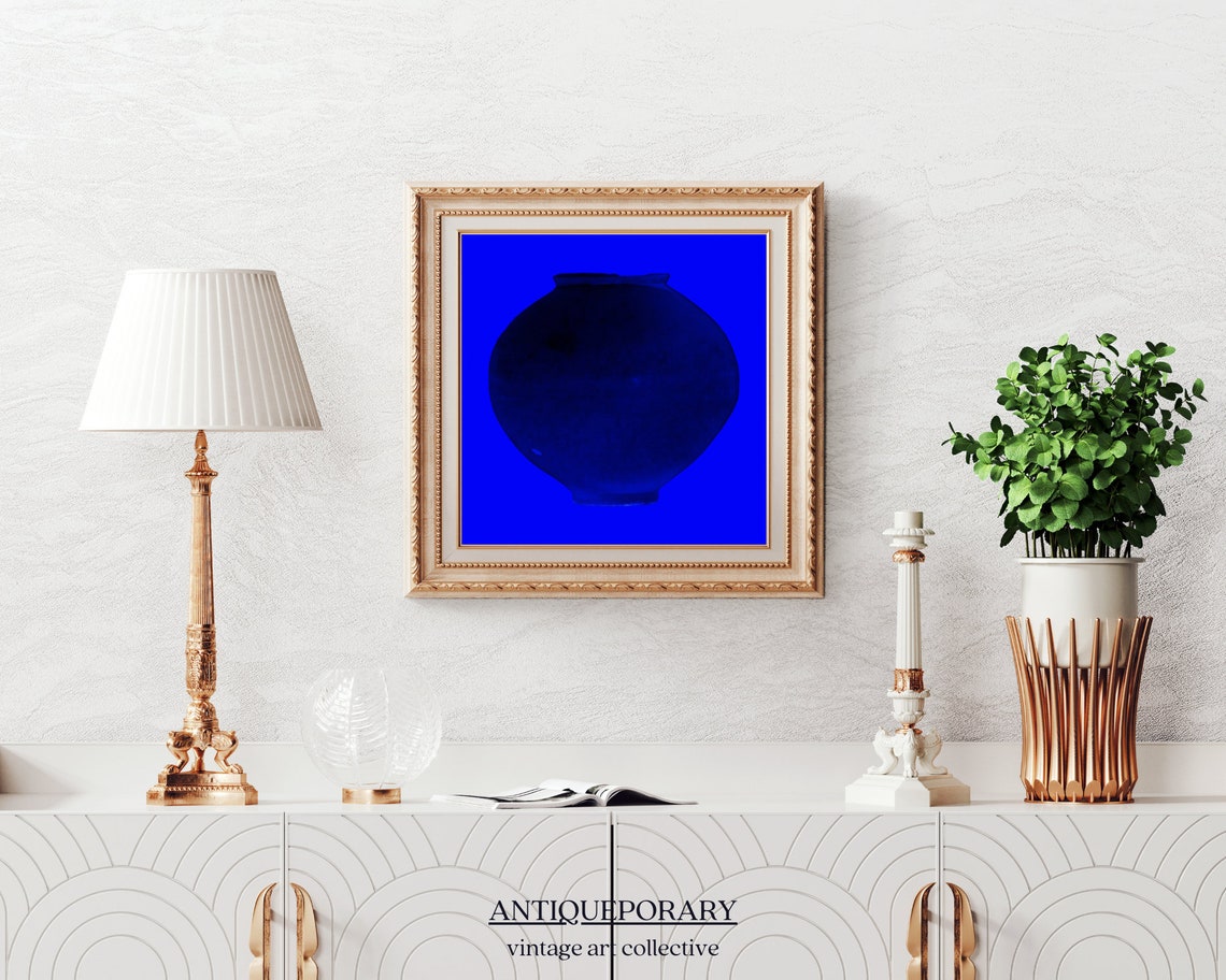 Cobalt Blue Ceramic Moon Jar Vase on Bold Blue Minimalist Art Poster - Image 5