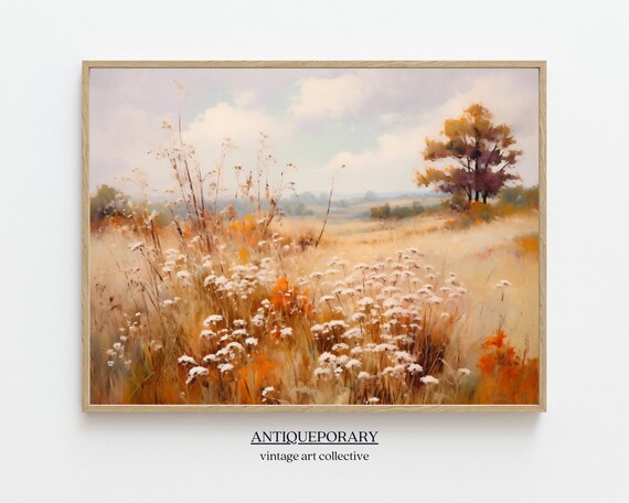 Golden Autumn Meadow Wildflowers Vintage Landscape Oil Painting Poster