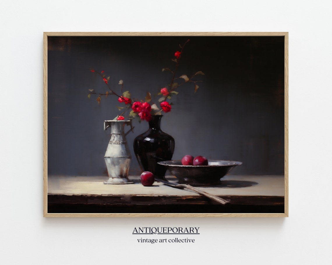 Dark Moody Flower Still Life Painting Timeless Vintage Baroque Moody Flowers In Vase Still Life Oil Painting Kitchen Still Life Art Print