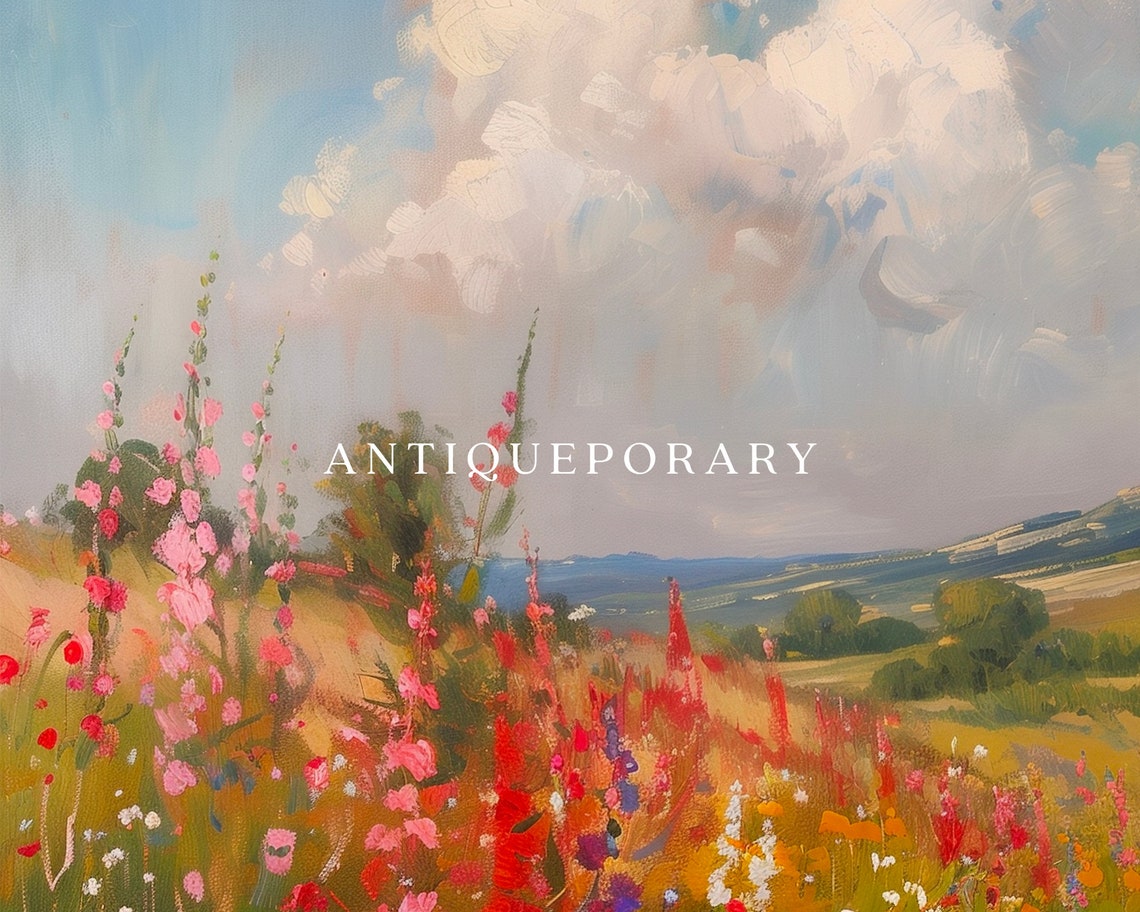 Colorful Wildflower Meadow Rolling Hills Cloudy Sky Painting Poster - Image 3
