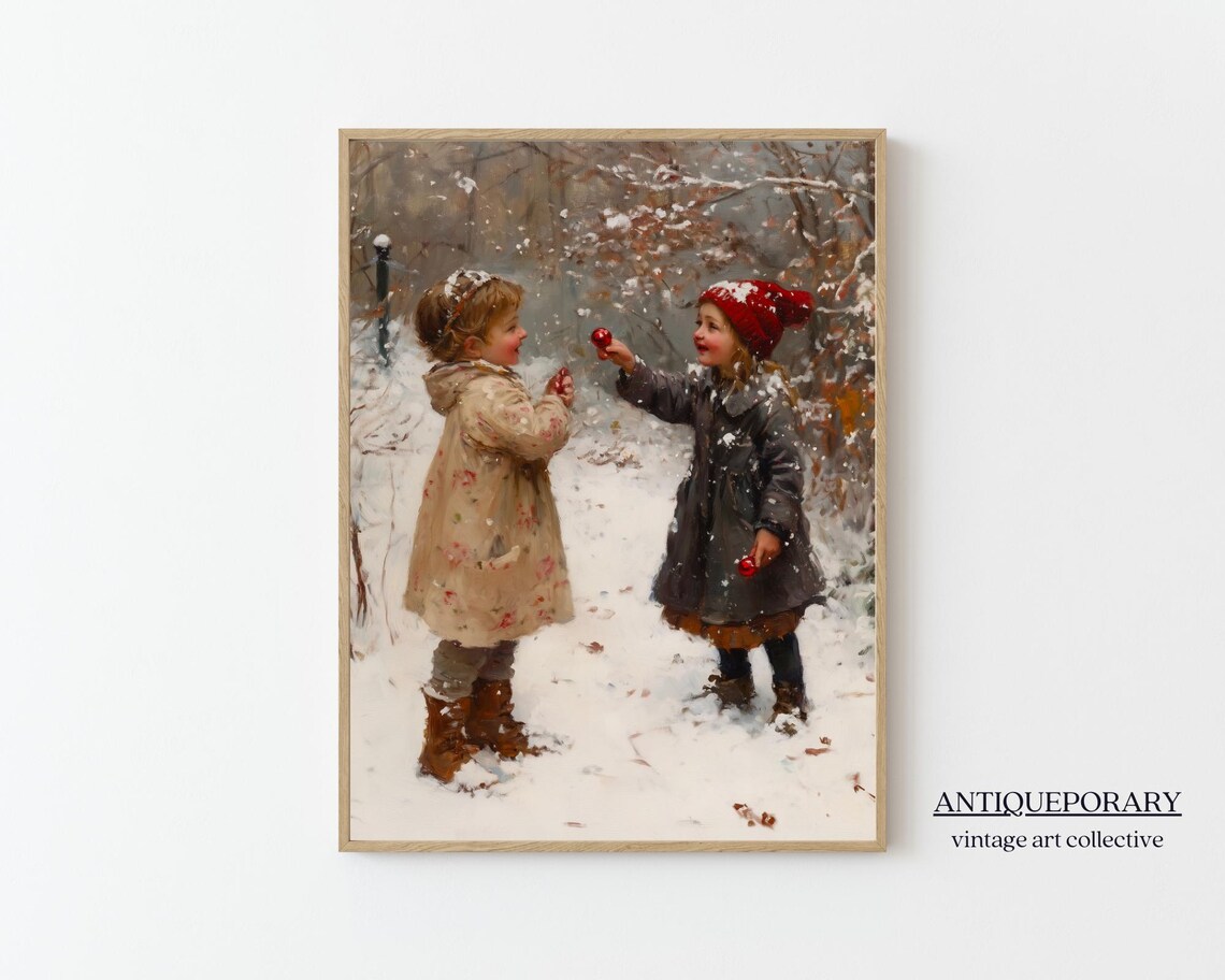 Two Girls Playing Together in the Snow Winter Nostalgia Scene Poster