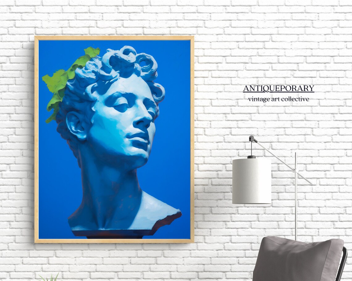 Blue Greek Bust Statue Laurel Leaves Vivid Blue Background Art Poster - Image 4