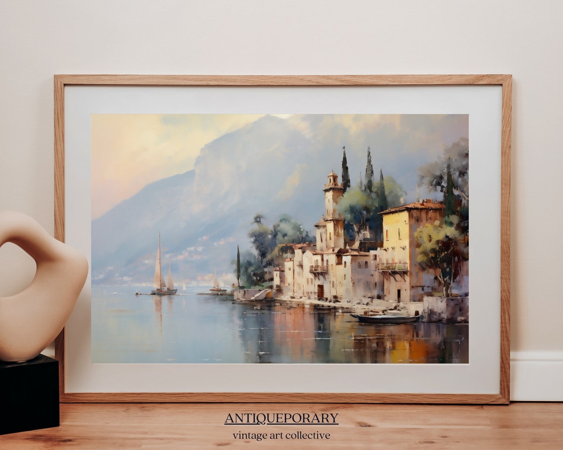 Vintage Country Painting French Lake Landscape Print Rustic Village Art Oil Painting Vintage City Print - Image 5