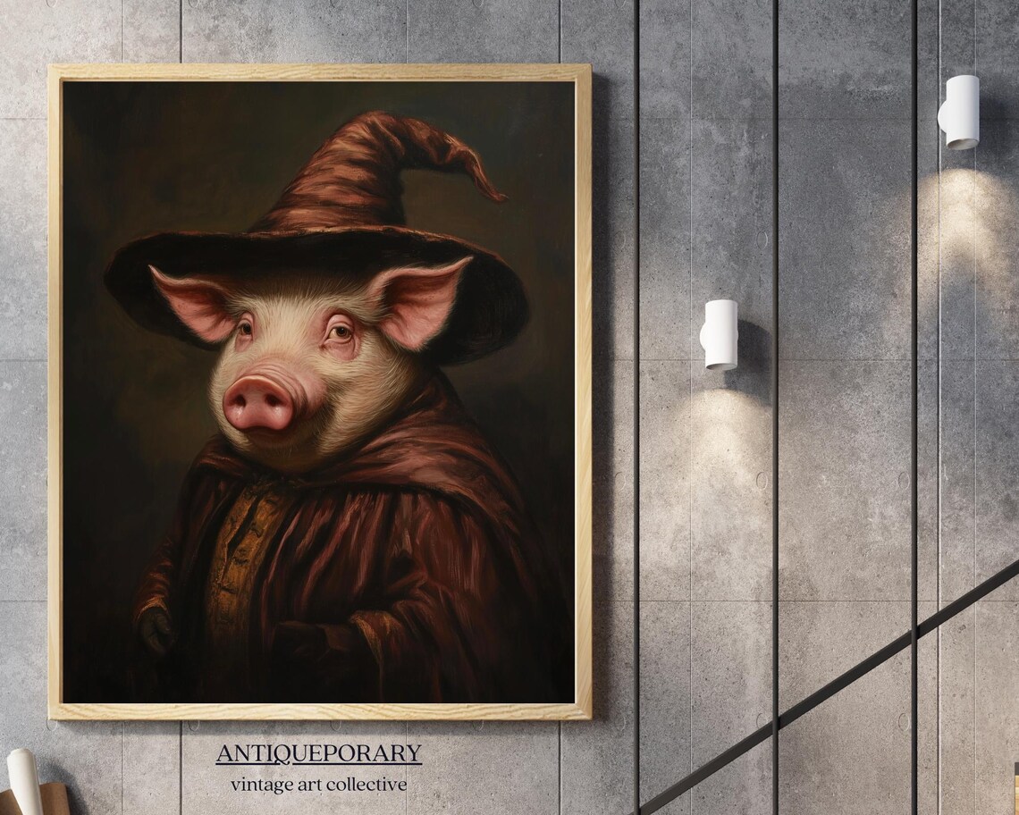 Pig Wizard Vintage Portrait in Brown Wizard Hat and Cloak Poster - Image 7