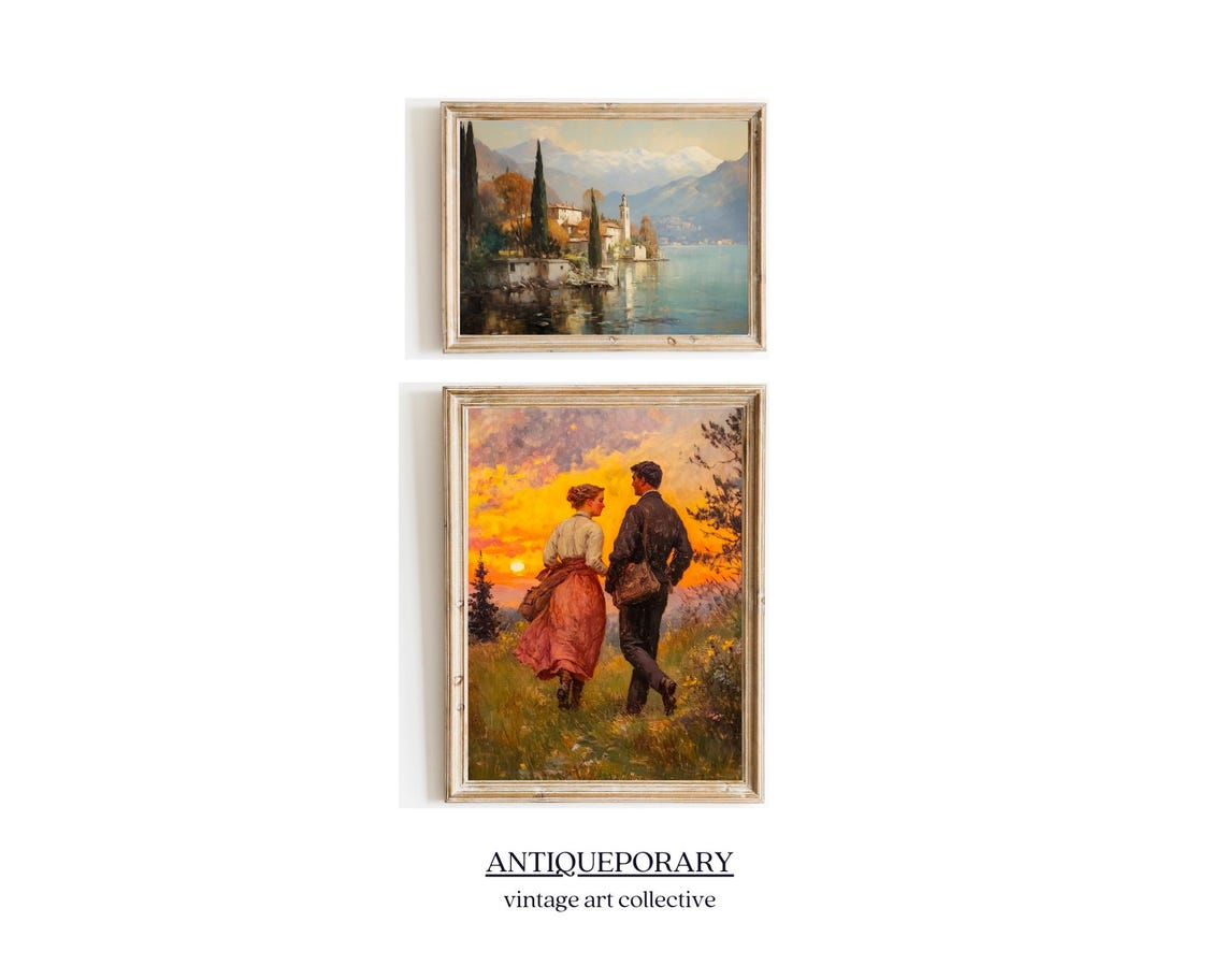Vintage Lovers at Sunset Romantic Couple Walking Through Field Poster - Image 4