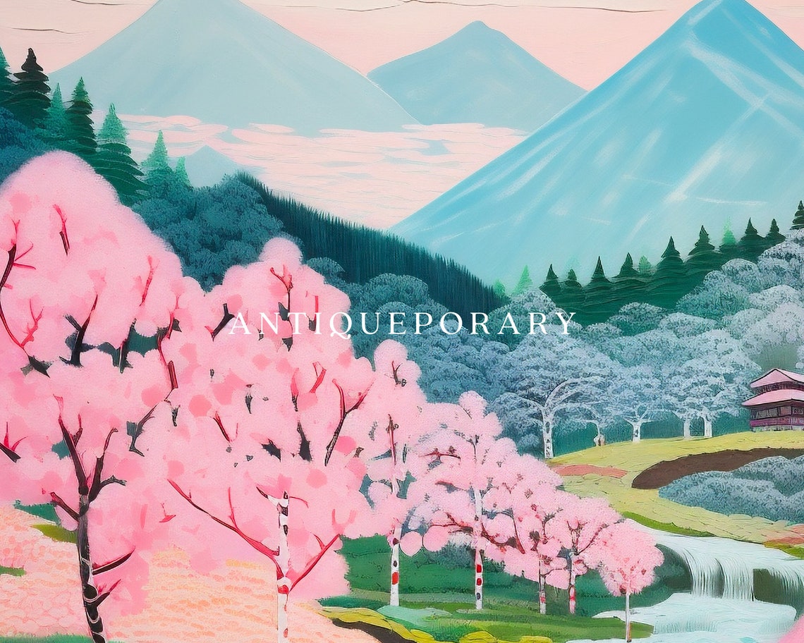 Pastel Cherry Blossom Valley River with Blue Mountains Poster - Image 3