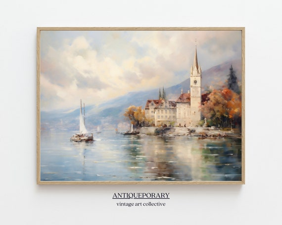 Vintage French Landscape Oil Painting Lake Village Landscape Print Antique Country Painting Rustic Artwork