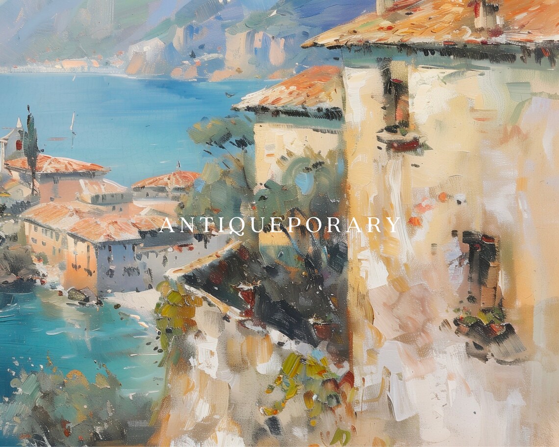 Mediterranean Coastal Village Cliffs Turquoise Sea Oil Painting Poster - Image 2