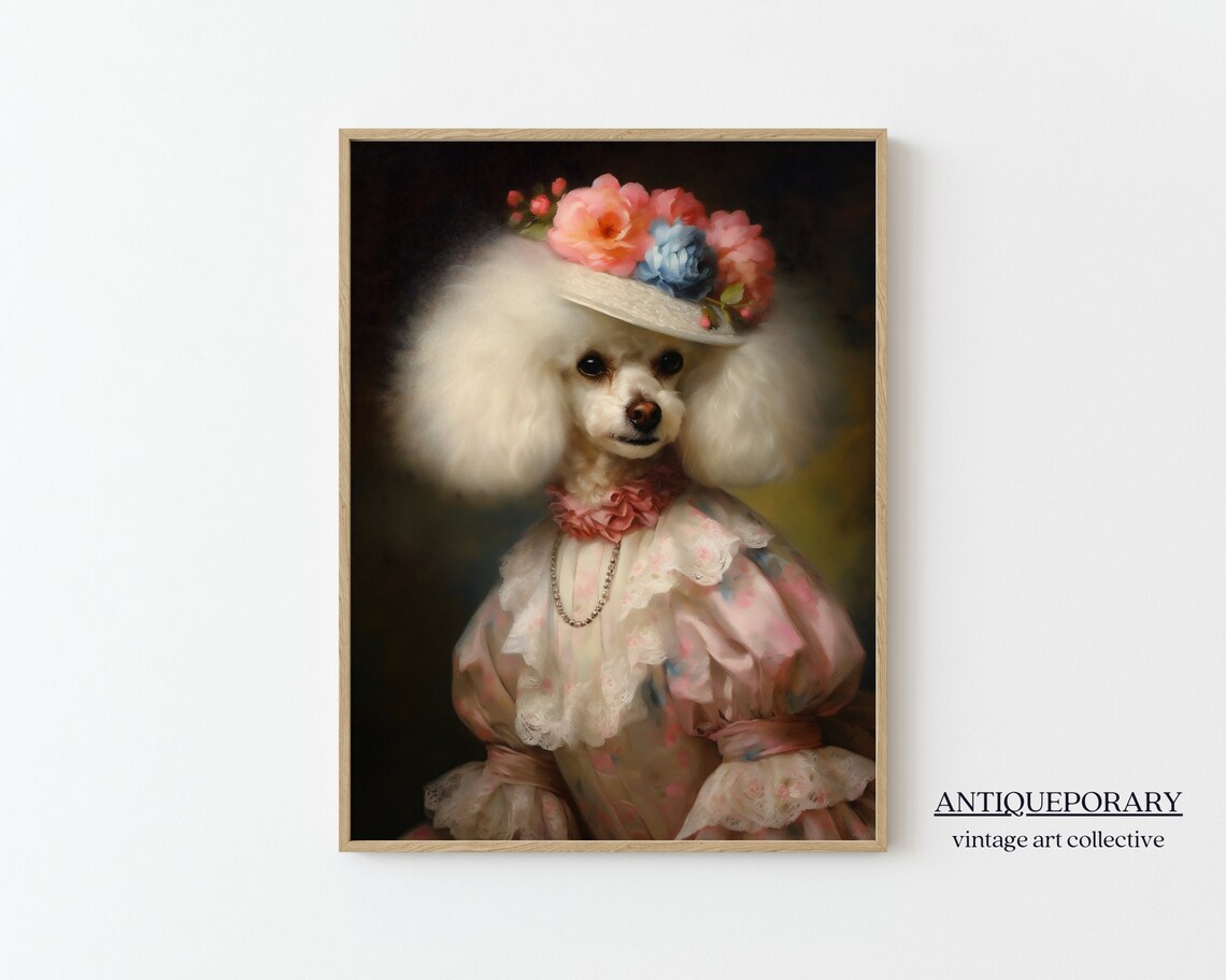 Poodle Lady in Pink Floral Dress and Rose Hat Portrait Poster