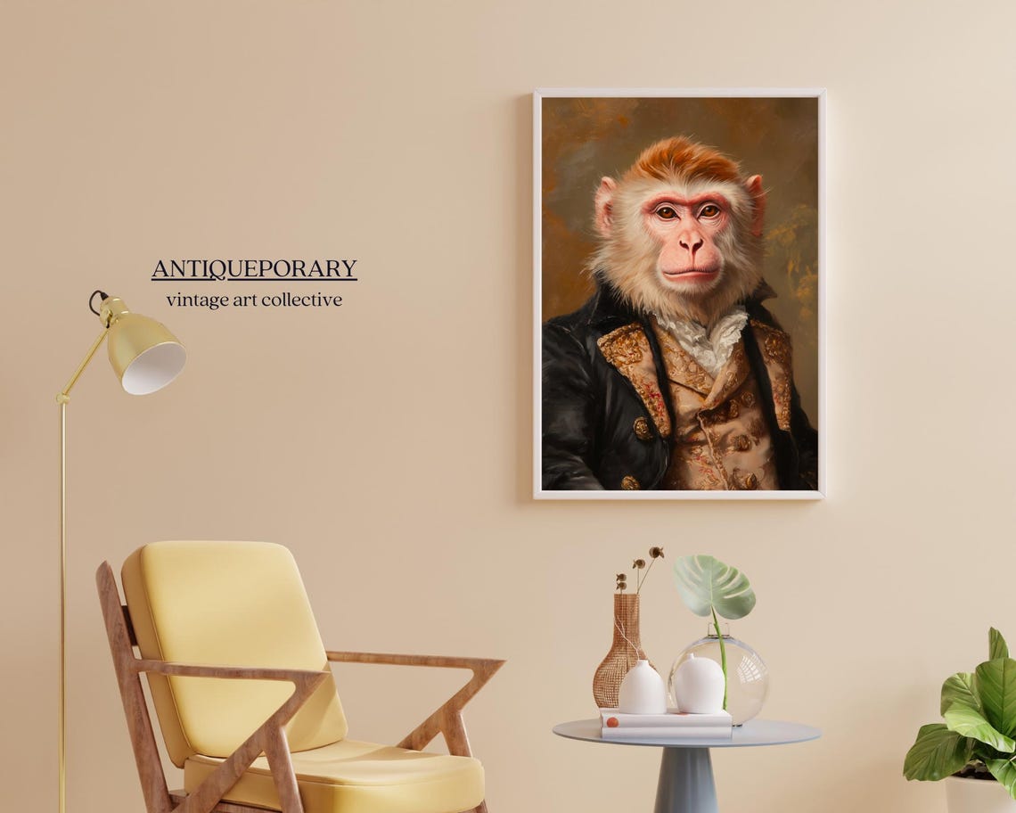 Gentleman Monkey in Black Coat with Gold Trim Portrait Poster - Image 2