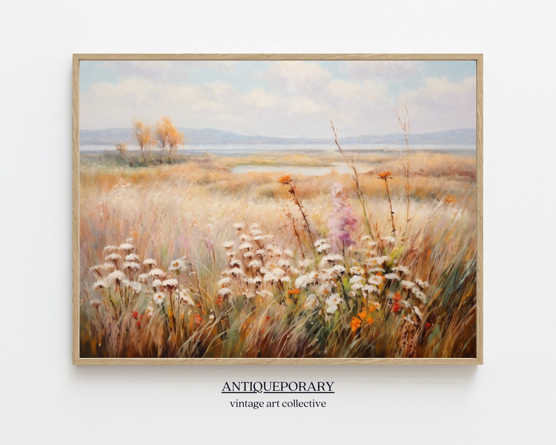 Quiet Wildflower Meadow with Daisies by River Vintage Poster