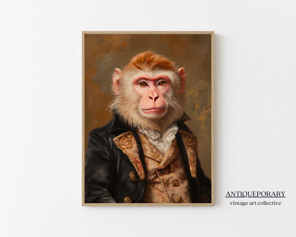 Gentleman Monkey in Black Coat with Gold Trim Portrait Poster