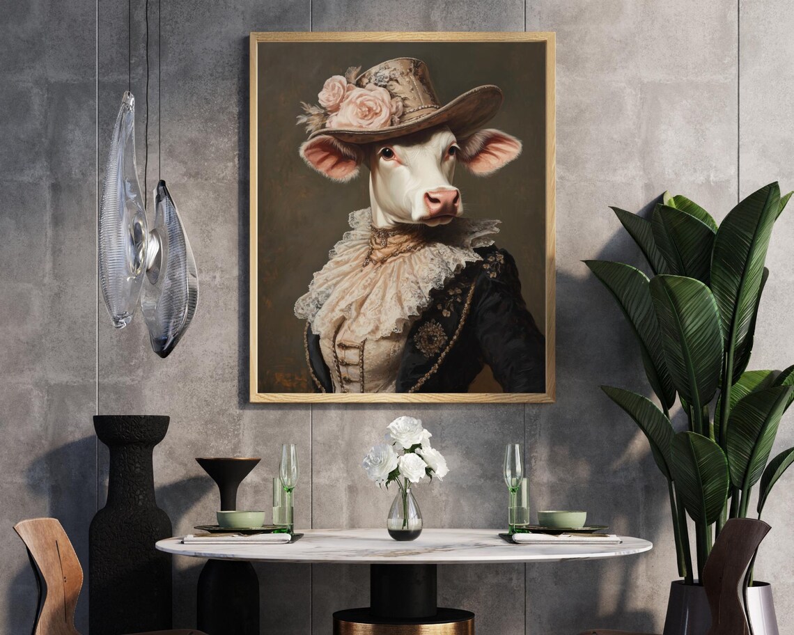 Royal Lady Cow Rose Hat Lace Vintage Elegant Animal Portrait Poster - Image 3