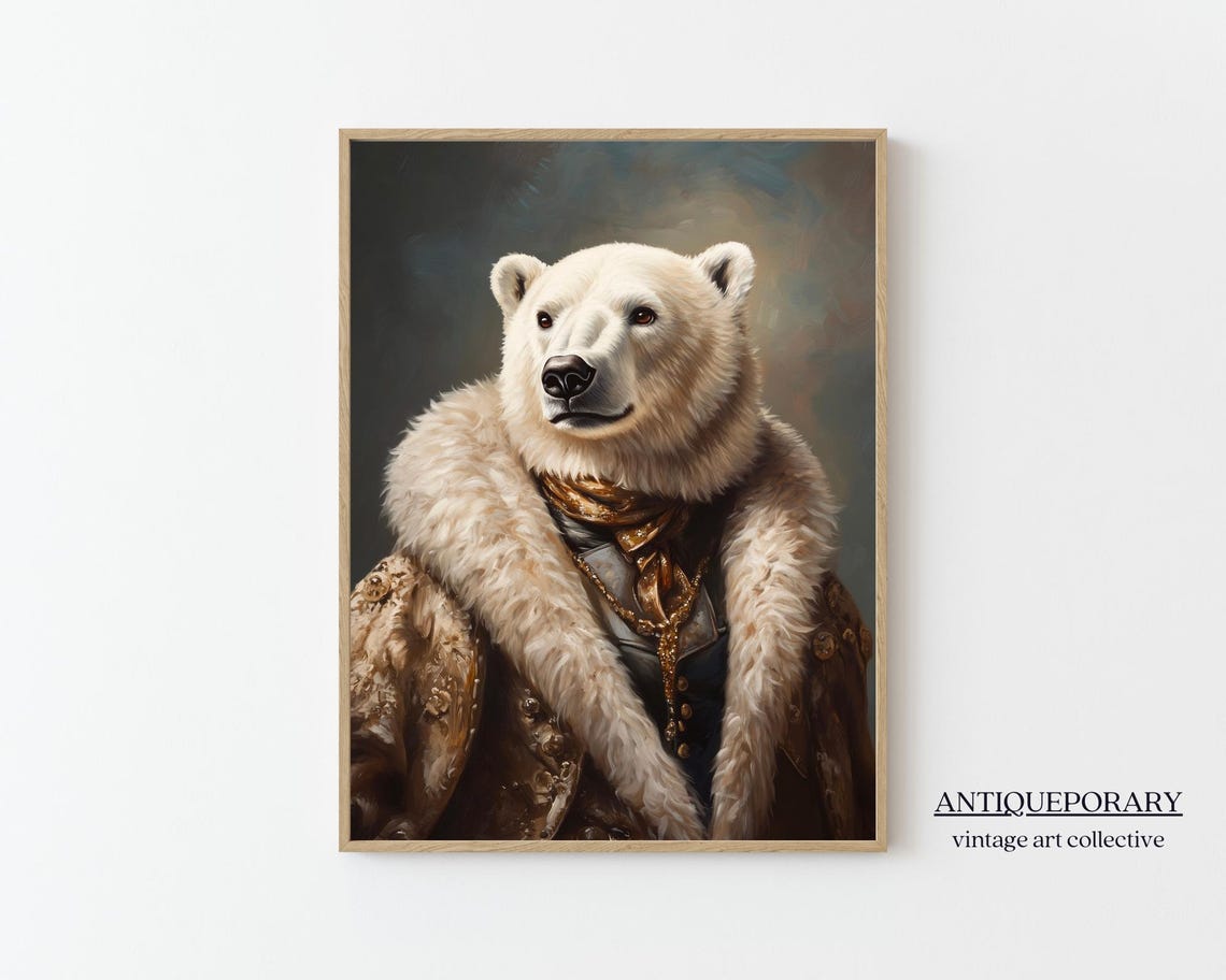 Polar Bear Lady in Fur Trimmed Coat Vintage Aristocratic Animal Poster