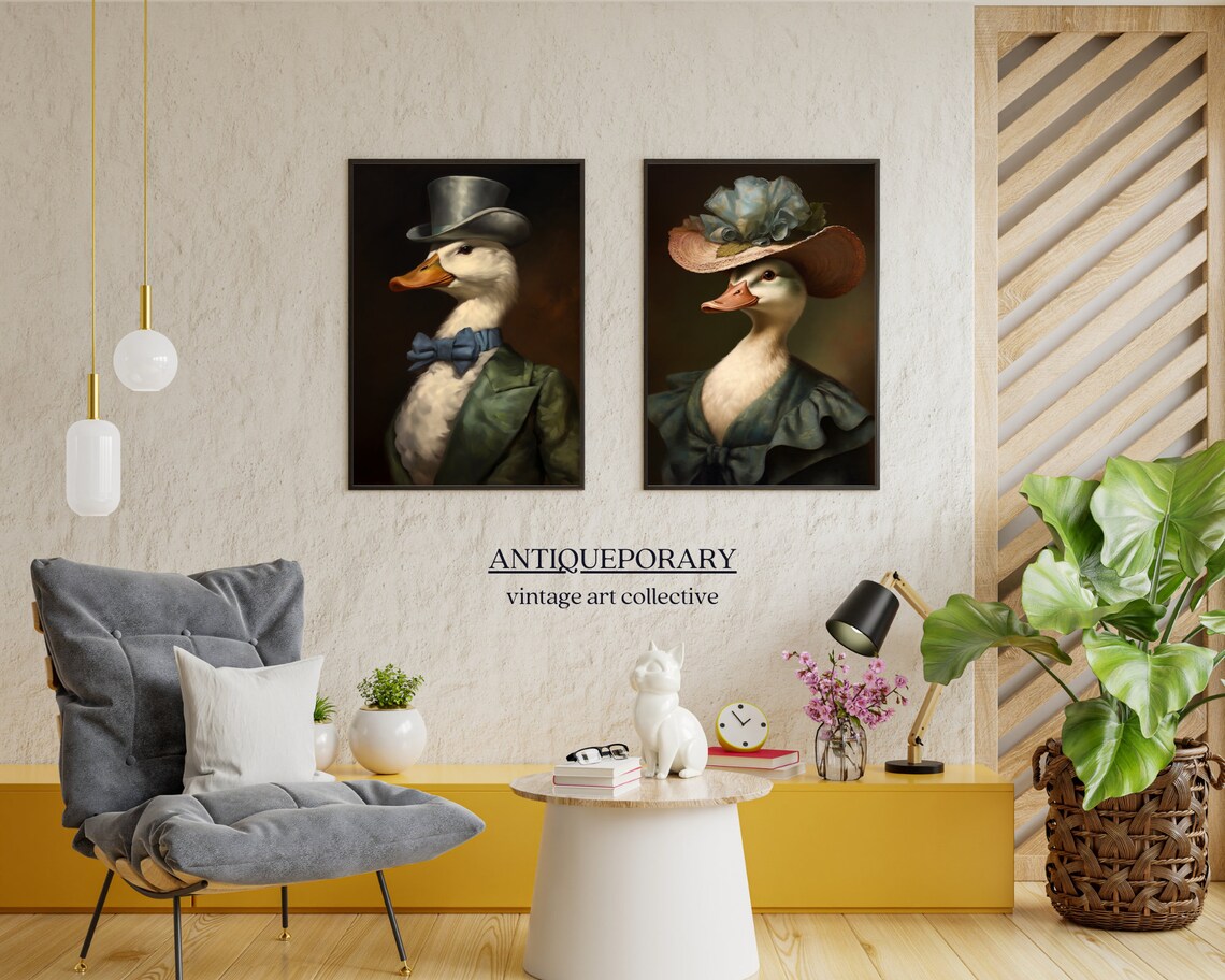 Charming Duck Lady Straw Hat Blue Bloom Oil Portrait Animal Art Poster - Image 2