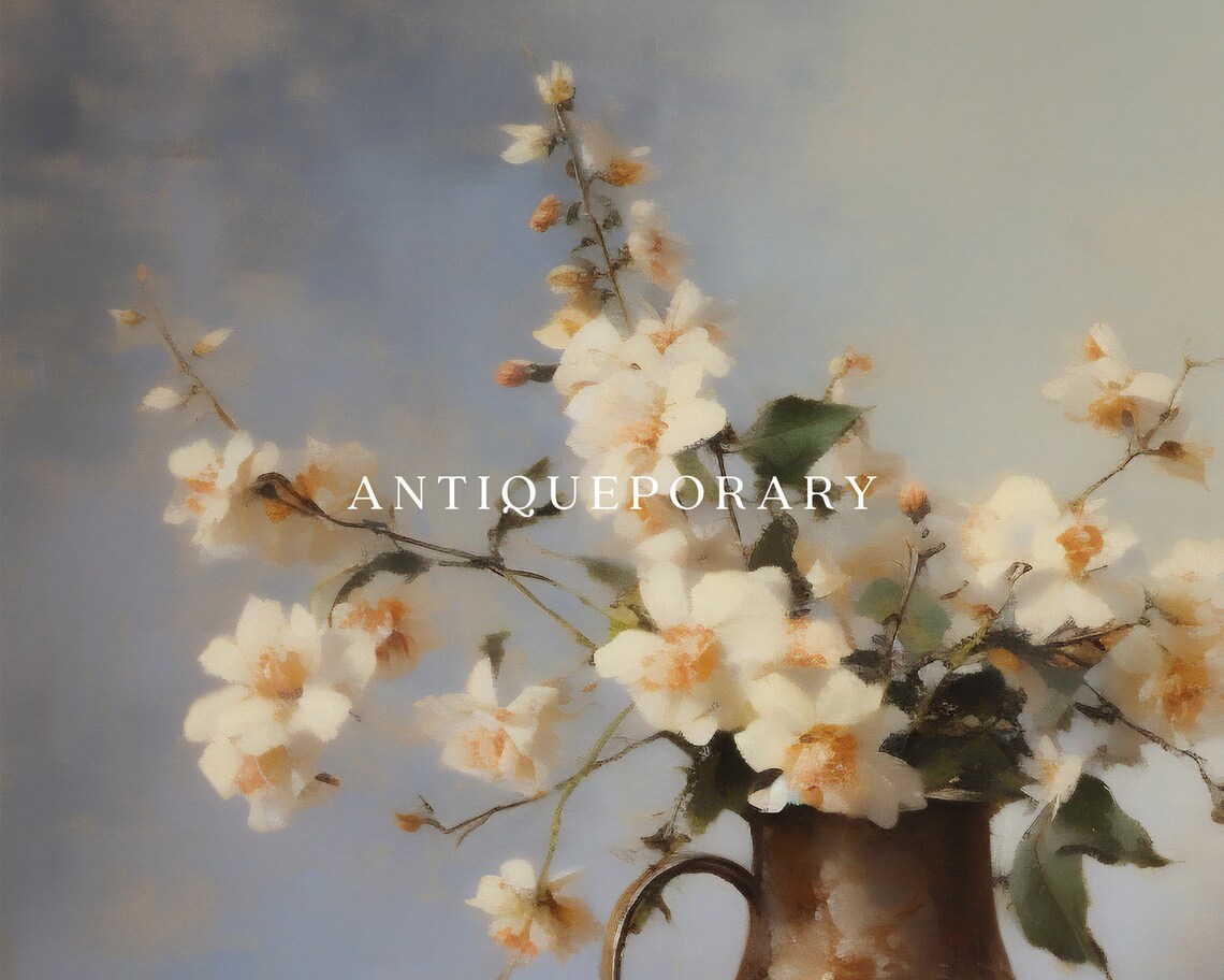 White Blossom Branches in Antique Copper Jug Vintage Still Life Poster - Image 3