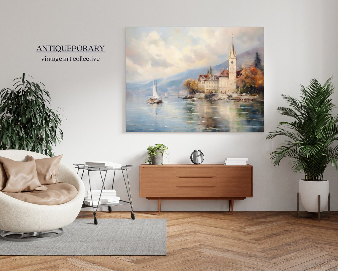 Lakeside European Town with Church Tower Sailboats Art Poster - Image 6