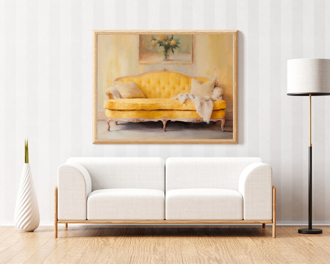 Yellow Antique Tufted Sofa Classic Interior Oil Painting Poster - Image 6