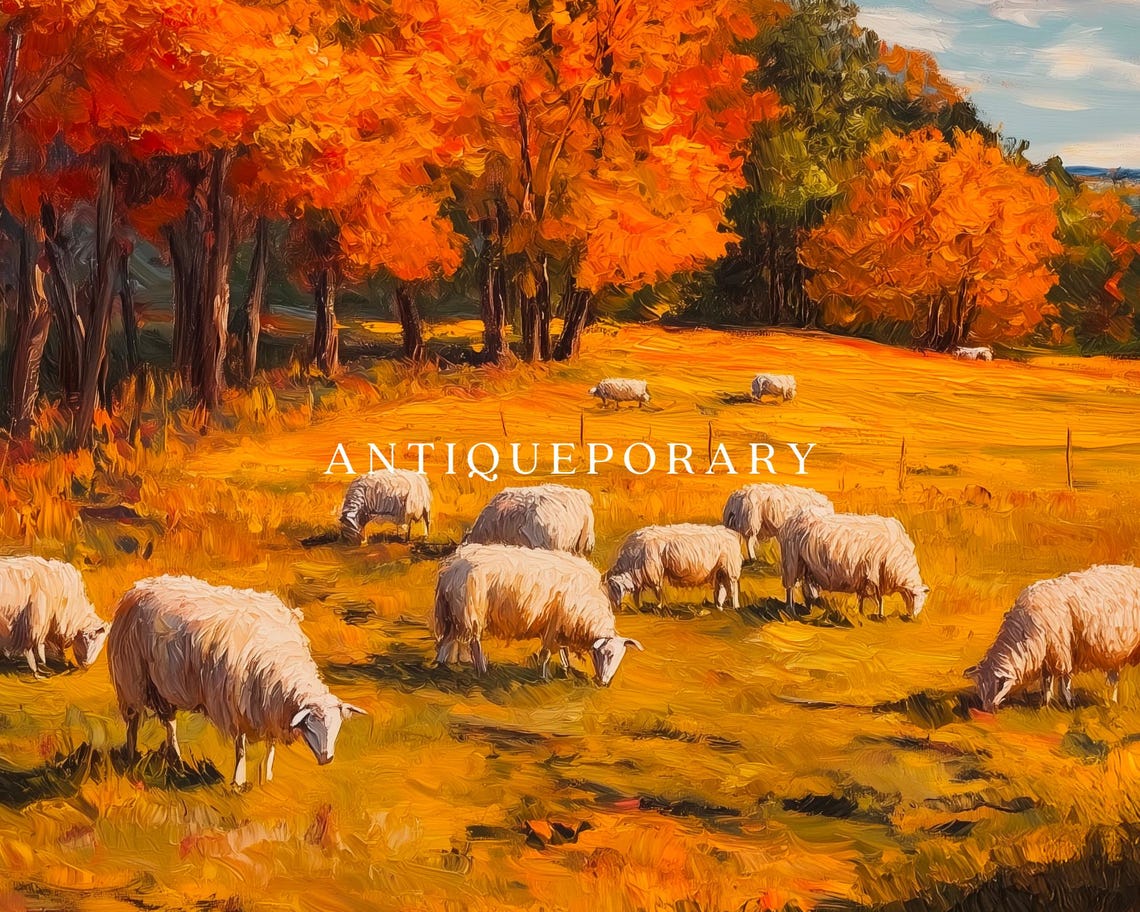 Autumn Sheep Pasture Golden Fall Trees Rustic Oil Painting Poster - Image 2