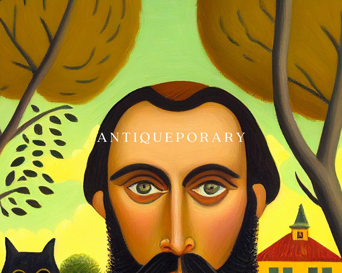 Bearded Man Black Cat Folk Art Portrait Naive Style Painting Poster - Image 3