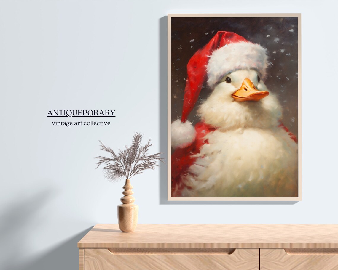 Festive Duck in Santa Hat Snowy Christmas Holiday Portrait Poster - Image 5