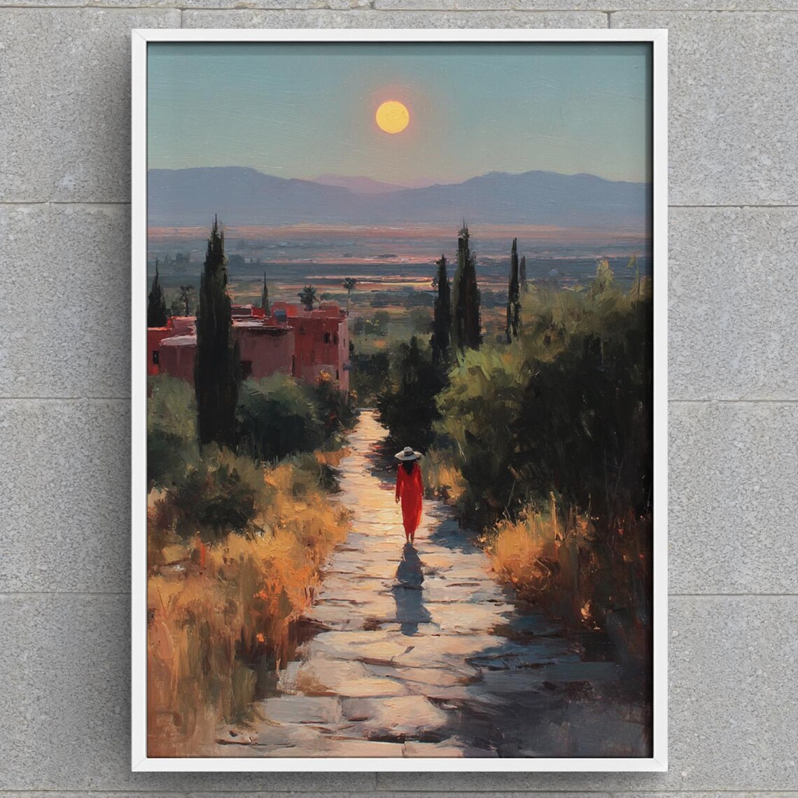 Red Dress Woman Sunset Path Tuscany Landscape Oil Painting Wall Art