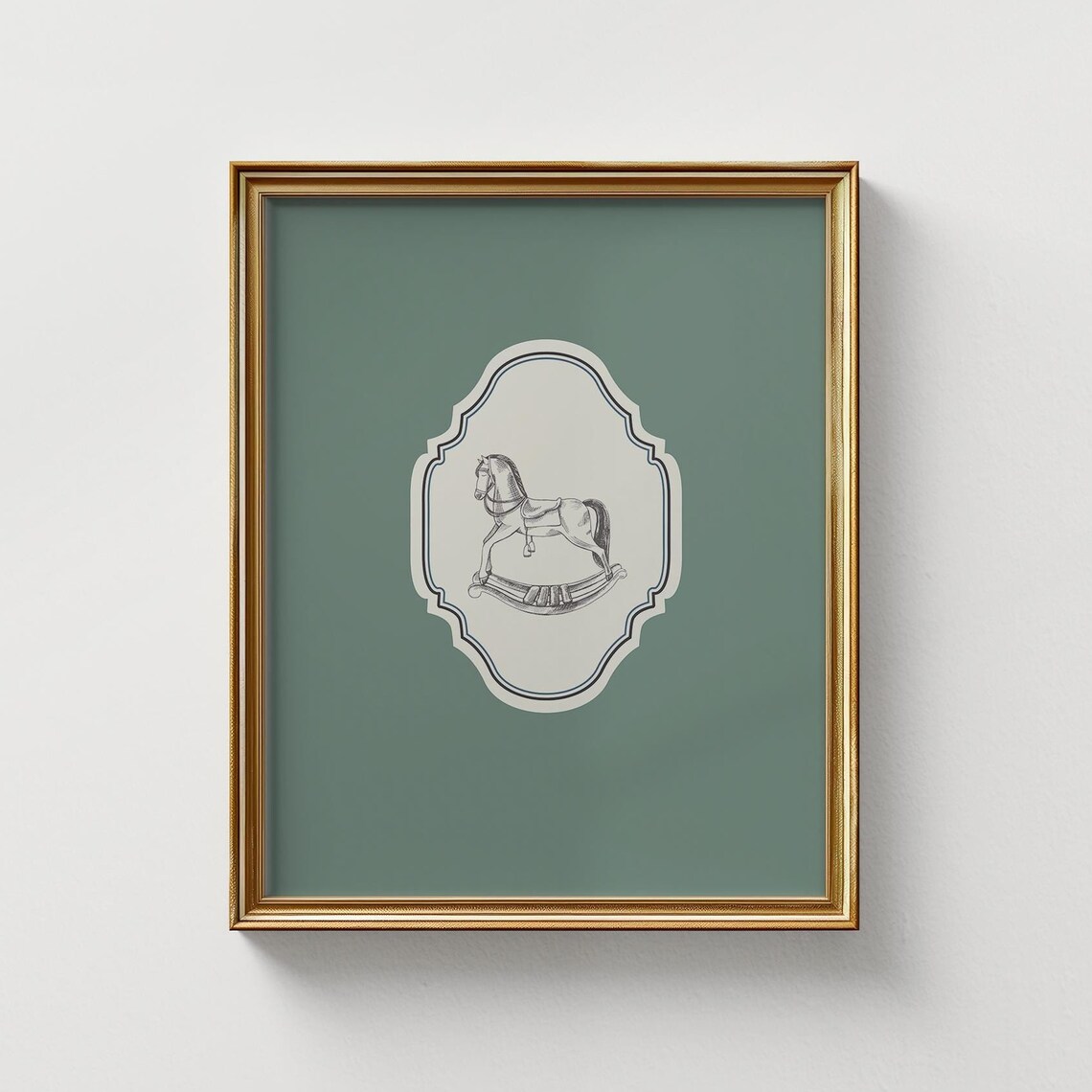 Vintage Rocking Horse Green Ornate Square Nursery Cottage Poster