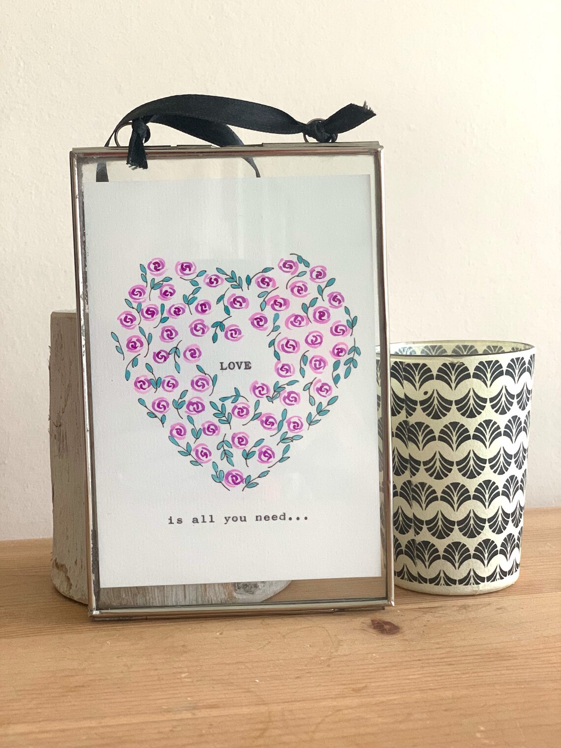All You Need Is Love Lyric Purple Rose Heart Hand Painted Framed Print
