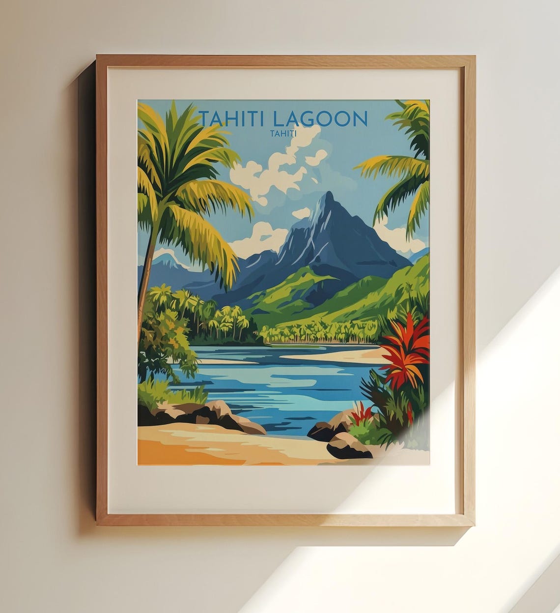 Tahiti Lagoon Tropical Beach Travel Poster Palms Mountain Paradise