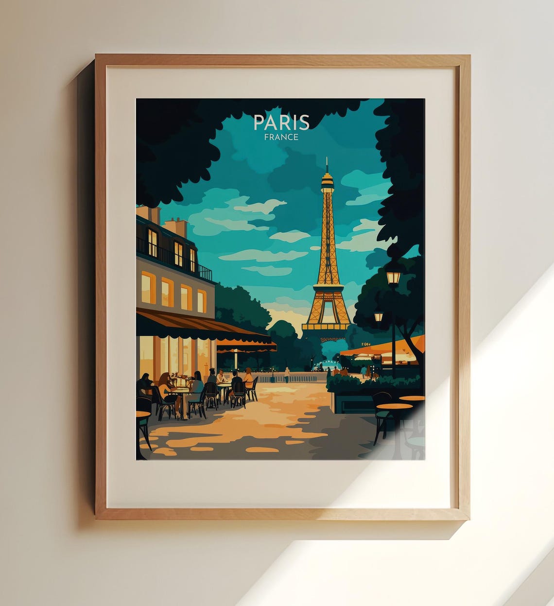 Paris France Eiffel Tower Cafe Terrace Evening Light Travel Poster