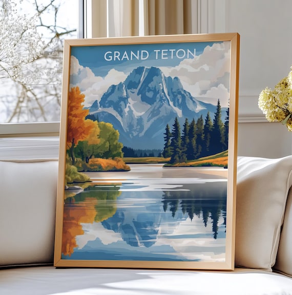 Grand Teton Lake Reflection Autumn Colors Vintage Travel Art Poster