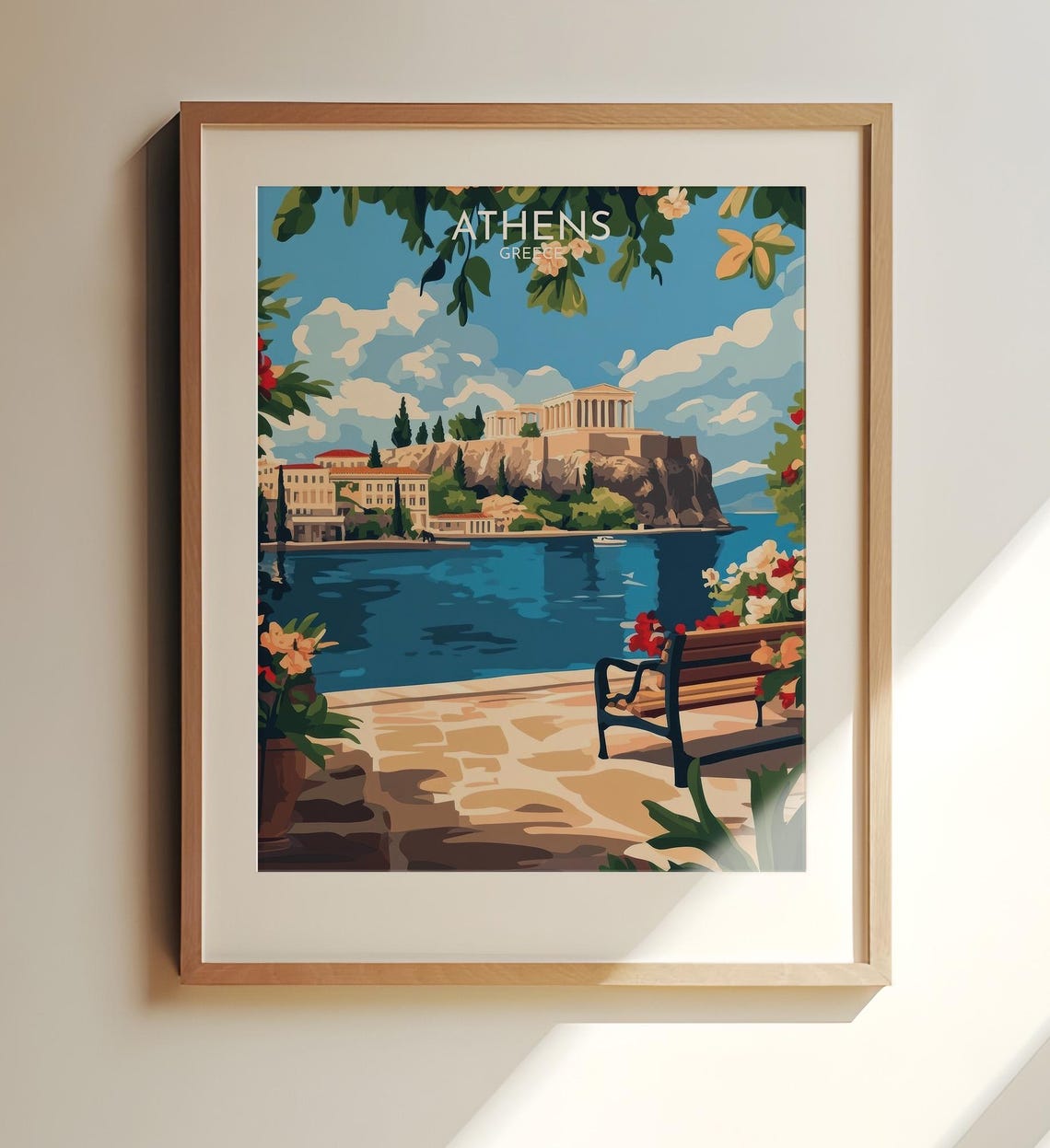 Athens Greece Acropolis Waterfront Bench Scenic Travel Poster