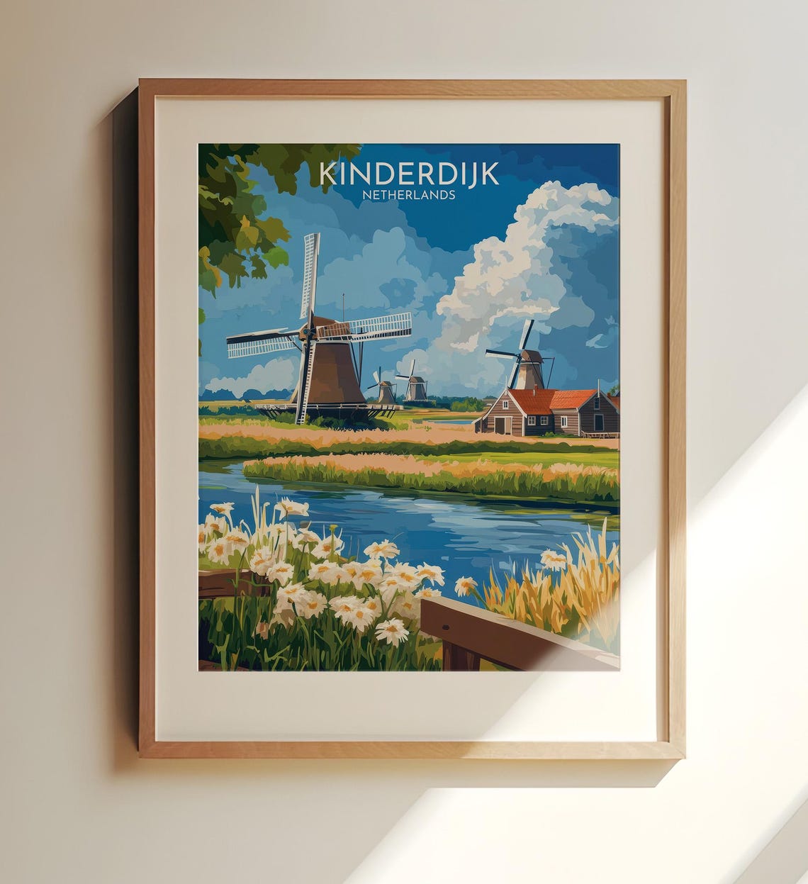 Kinderdijk Netherlands Travel Print Historic Windmills Canal Scene Art