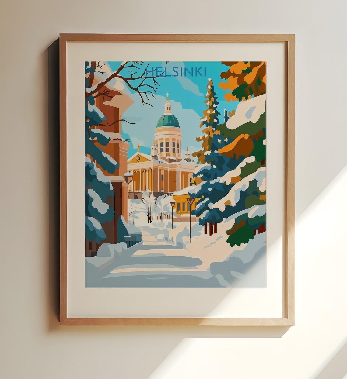 Helsinki Finland Snowy Street Domed Cathedral Winter Scene Poster