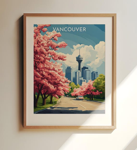 Vancouver Canada Wall Print Travel Art Cherry Blossoms And Skyline