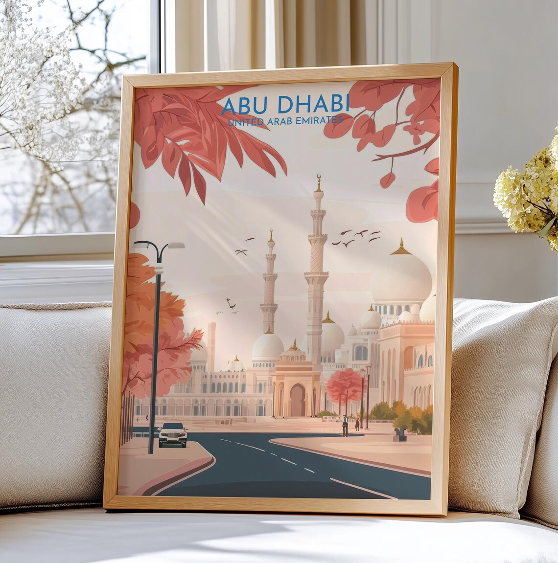 Abu Dhabi Grand Mosque Red Foliage Street City Travel Poster