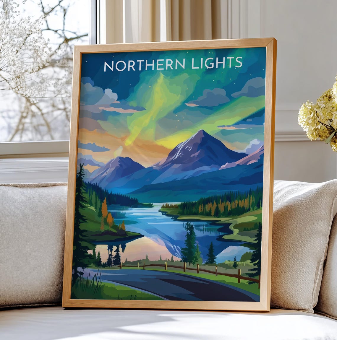 Northern Lights Aurora Borealis Mountain Lake Retro Travel Poster