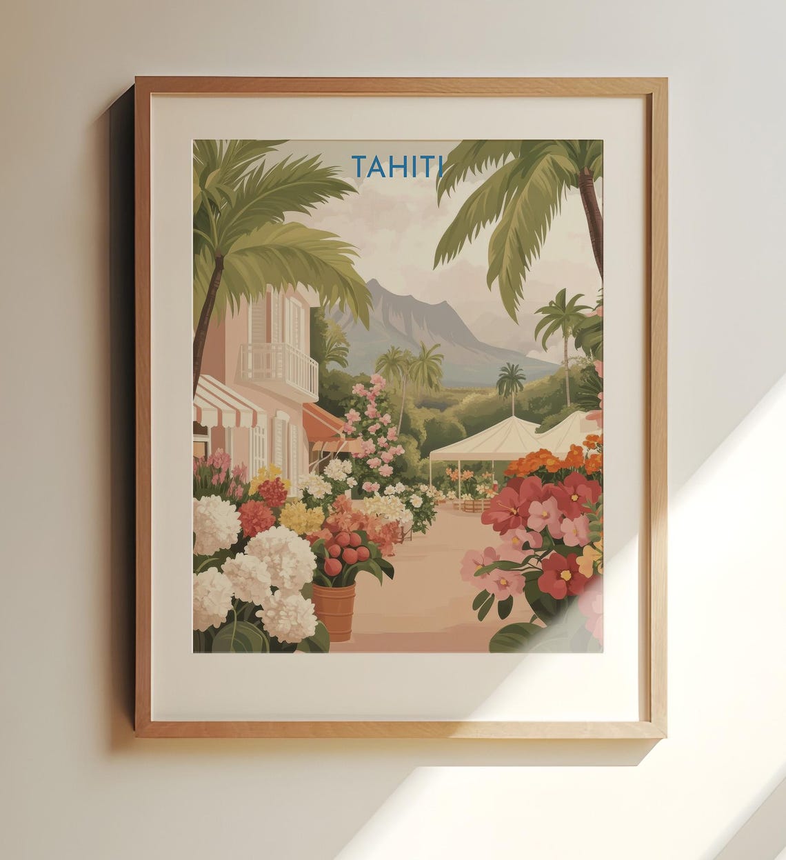 Vintage Tahiti Travel Poster Tropical Palms Flower Market Paradise