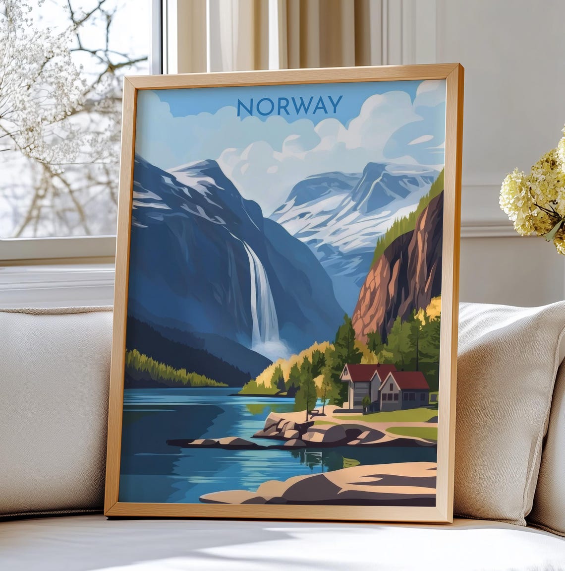 Norway Fjord Waterfall Mountain Cabin Scandinavian Travel Poster