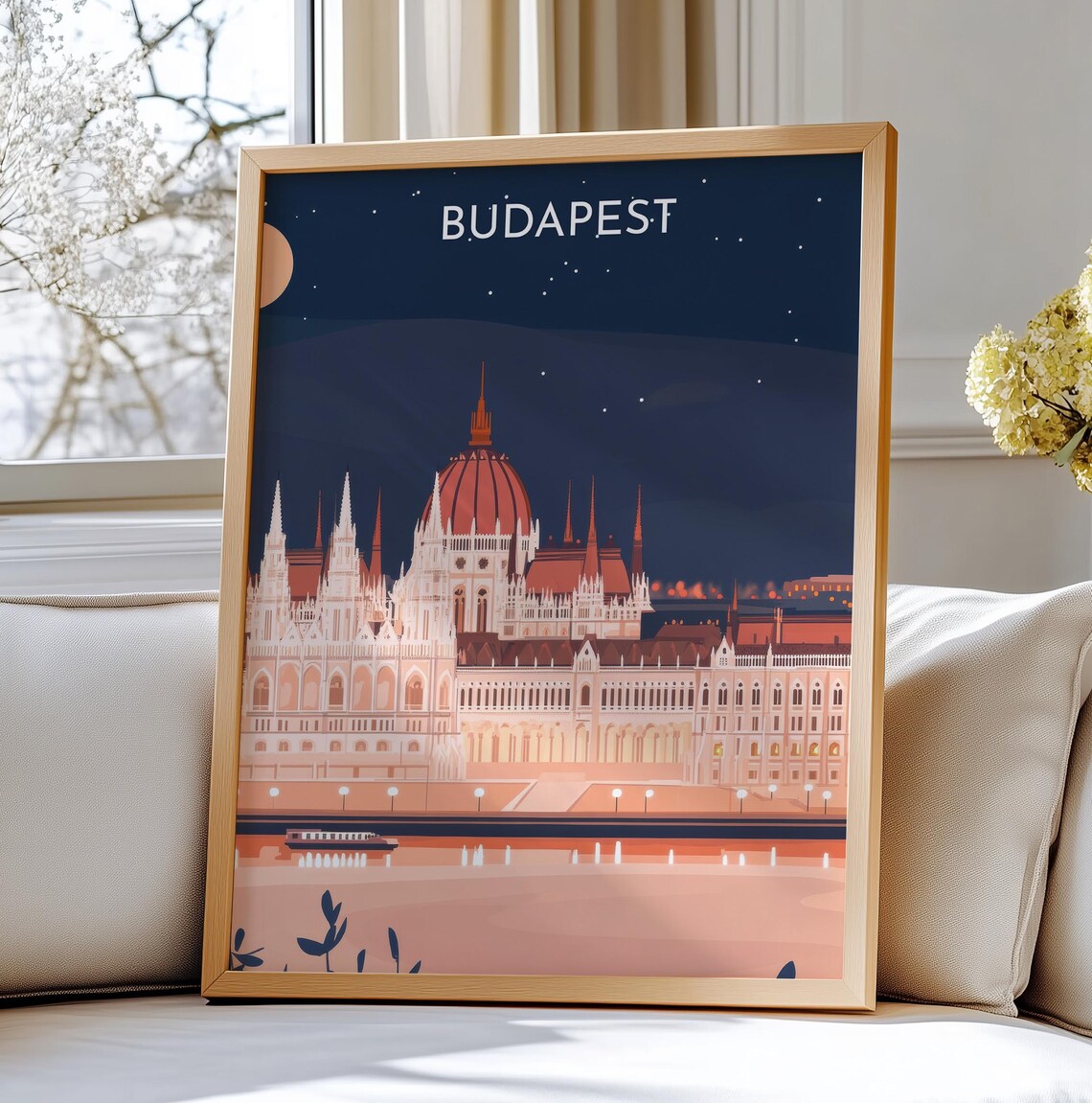 Budapest Hungary Parliament Night Skyline Vintage Travel Poster