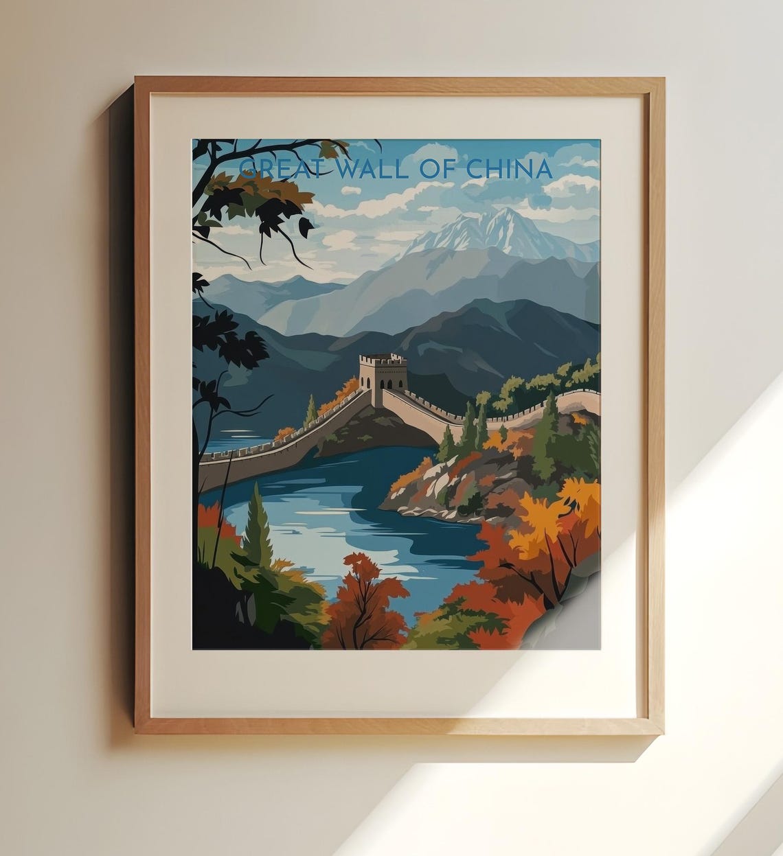 Great Wall of China Autumn Mountains Lake Travel Poster Scenic View