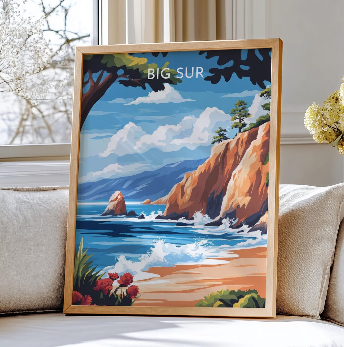 Big Sur Beach Waves Cypress Cliffs Vintage Travel Art Poster