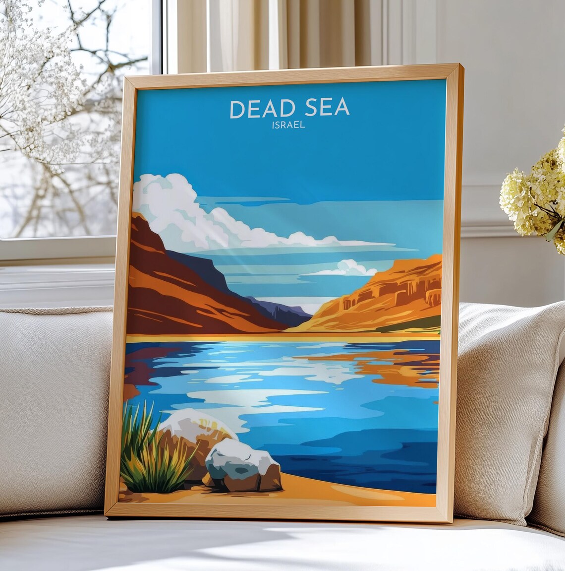 Dead Sea Israel Desert Lake Travel Poster Blue Water Landscape Scenic