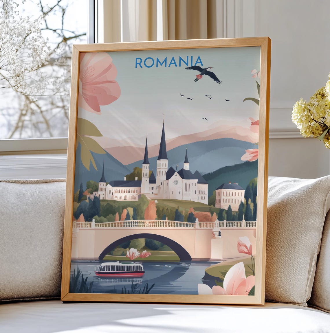 Romania White Cathedral Riverside Bridge Vintage Travel Poster Art