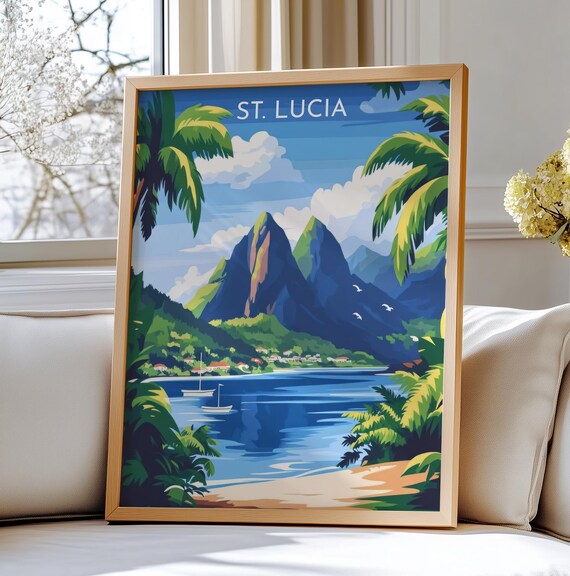 St. Lucia Pitons Beach Caribbean Island Vintage Travel Poster