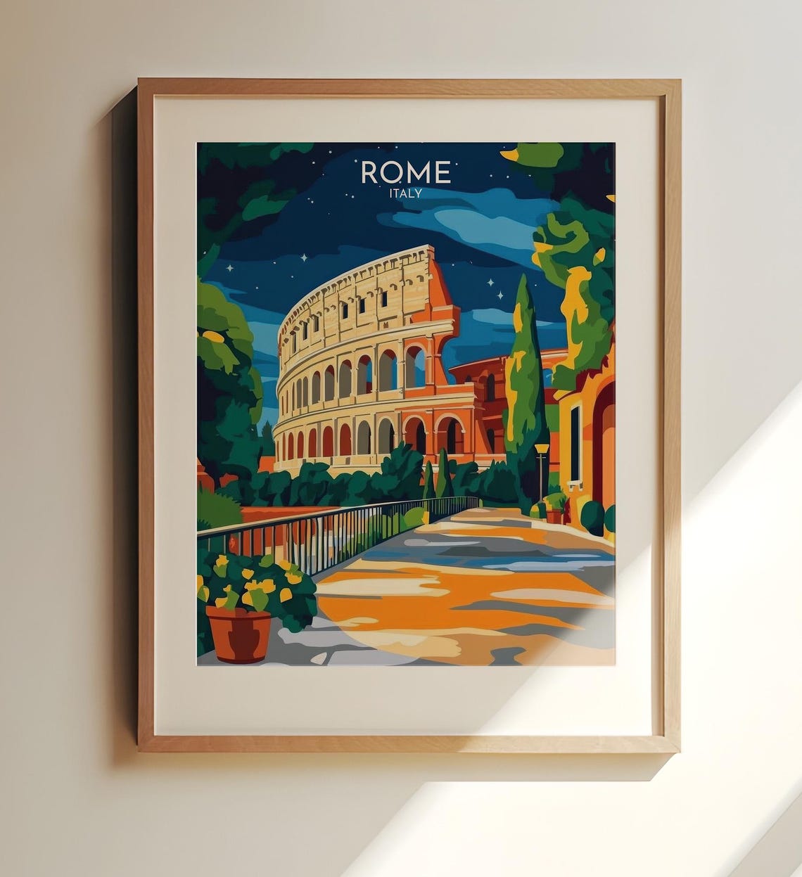 Rome Italy Colosseum Nighttime Starry Sky Vintage Travel Poster